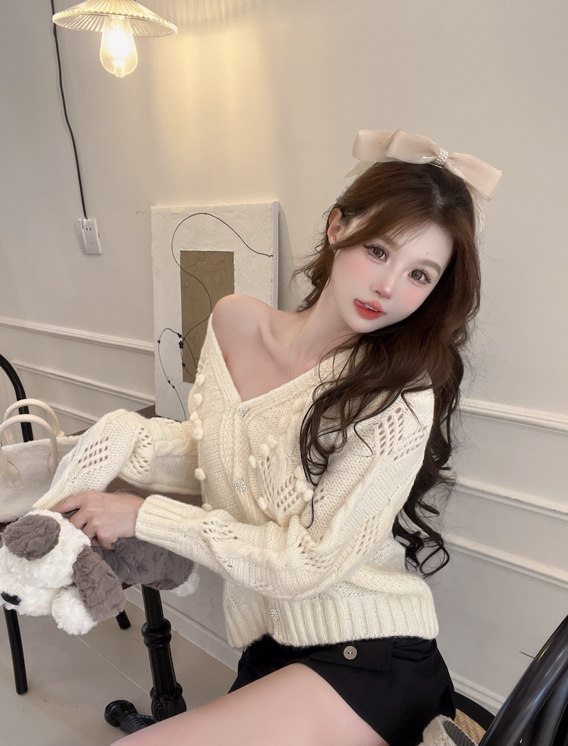 V-neck France style coat knitted tops for women