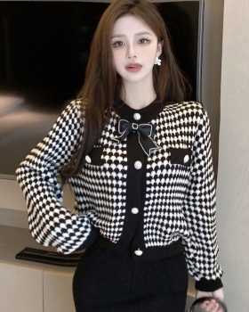 Bow houndstooth coat chanelstyle short cardigan