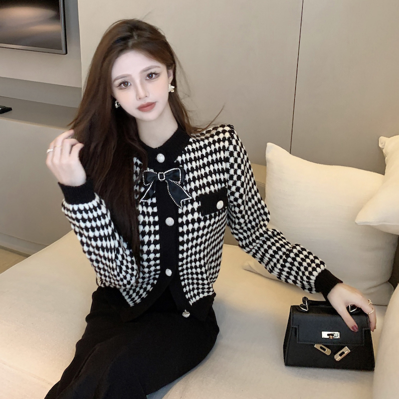 Bow houndstooth coat chanelstyle short cardigan