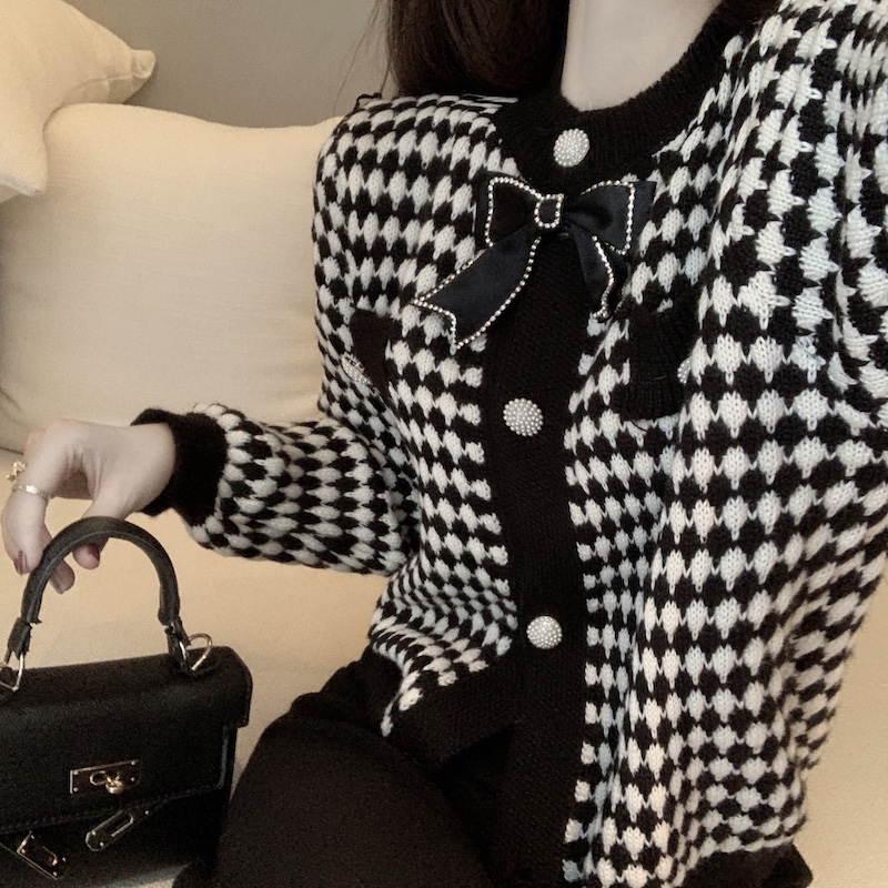 Bow houndstooth coat chanelstyle short cardigan