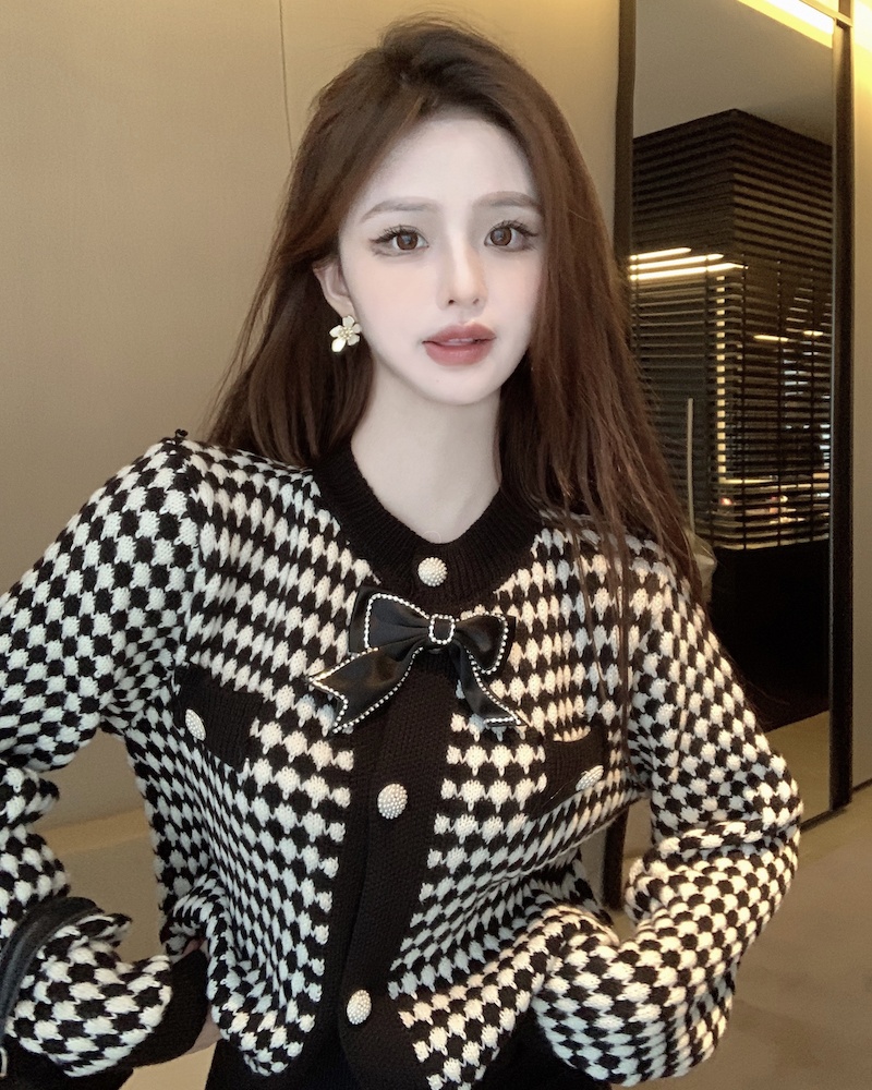 Bow houndstooth coat chanelstyle short cardigan