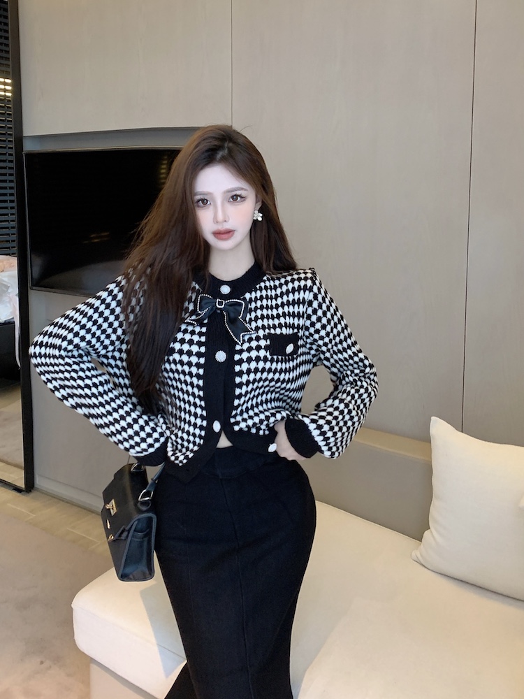 Bow houndstooth coat chanelstyle short cardigan