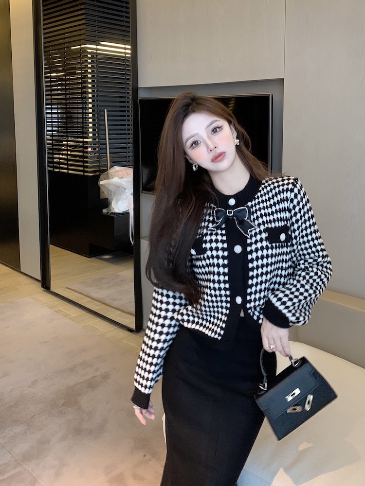 Bow houndstooth coat chanelstyle short cardigan