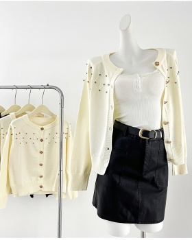 Knitted apricot tops rhinestone all-match coat for women