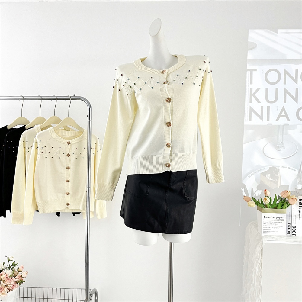 Knitted apricot tops rhinestone all-match coat for women