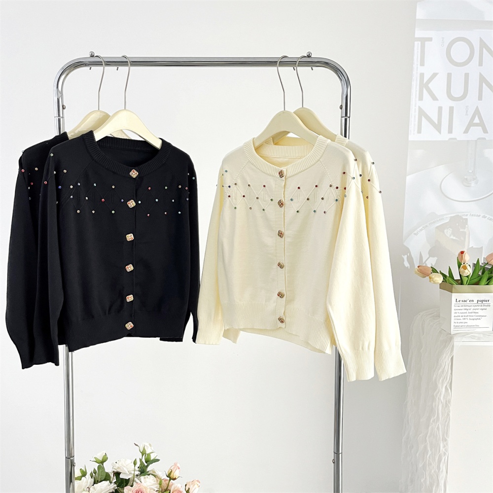 Knitted apricot tops rhinestone all-match coat for women