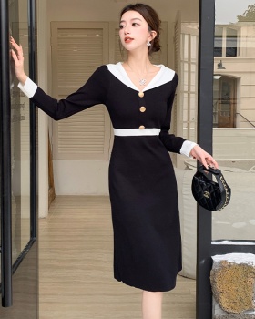 V-neck temperament knitted France style slim dress