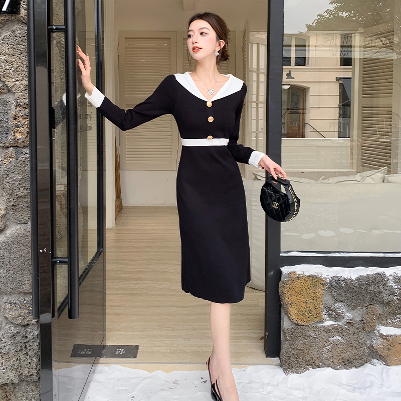 V-neck temperament knitted France style slim dress