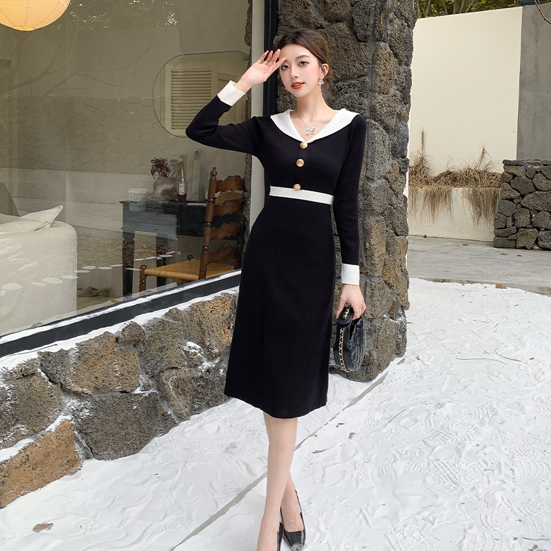 V-neck temperament knitted France style slim dress