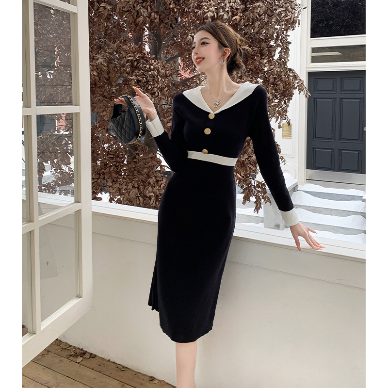 V-neck temperament knitted France style slim dress