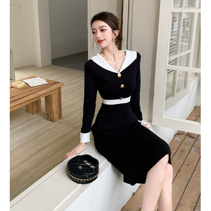 V-neck temperament knitted France style slim dress