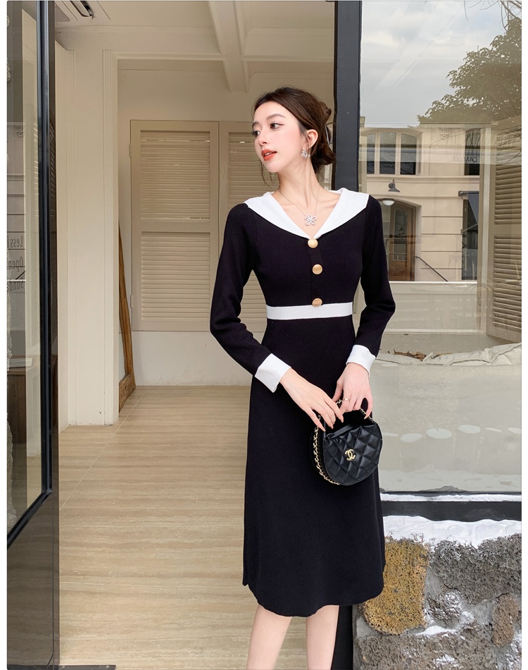 V-neck temperament knitted France style slim dress