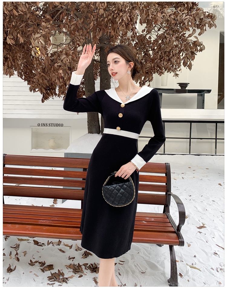 V-neck temperament knitted France style slim dress