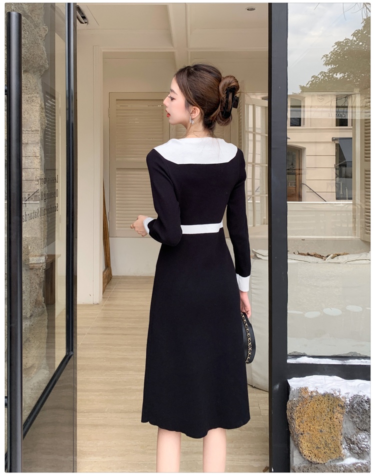 V-neck temperament knitted France style slim dress