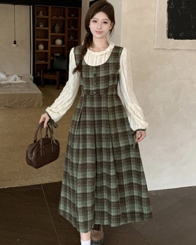 Retro plaid dress Pseudo-two autumn long dress for women