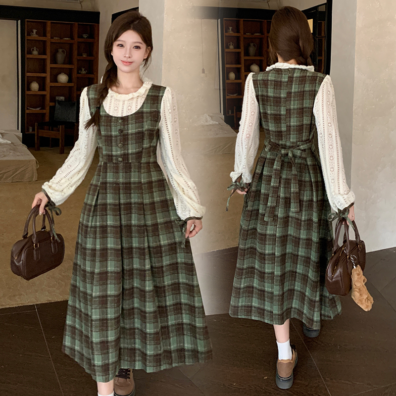 Retro plaid dress Pseudo-two autumn long dress for women