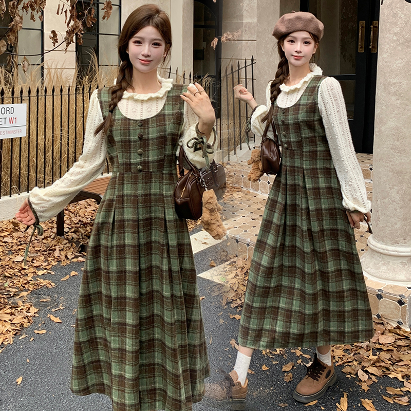 Retro plaid dress Pseudo-two autumn long dress for women