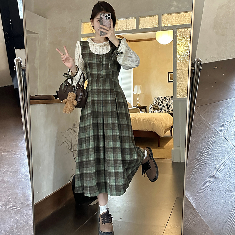 Retro plaid dress Pseudo-two autumn long dress for women