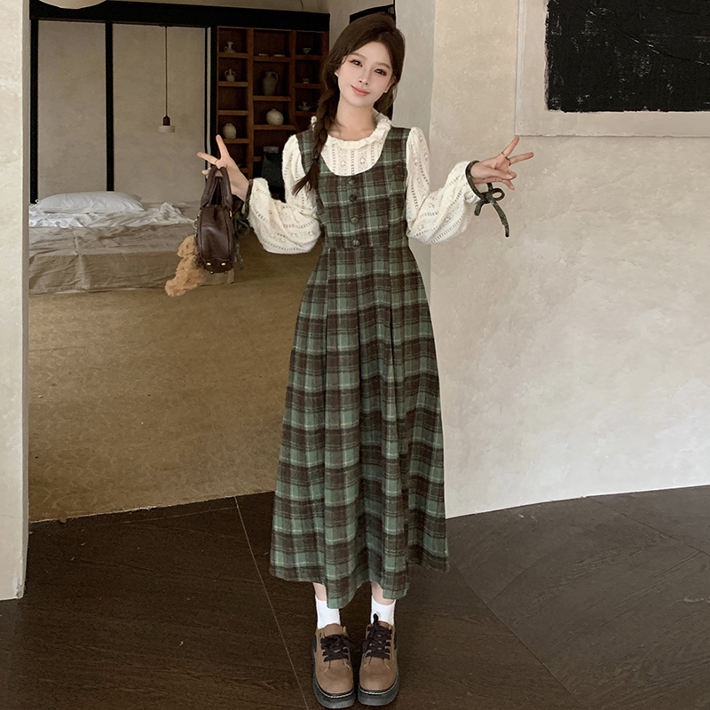 Retro plaid dress Pseudo-two autumn long dress for women