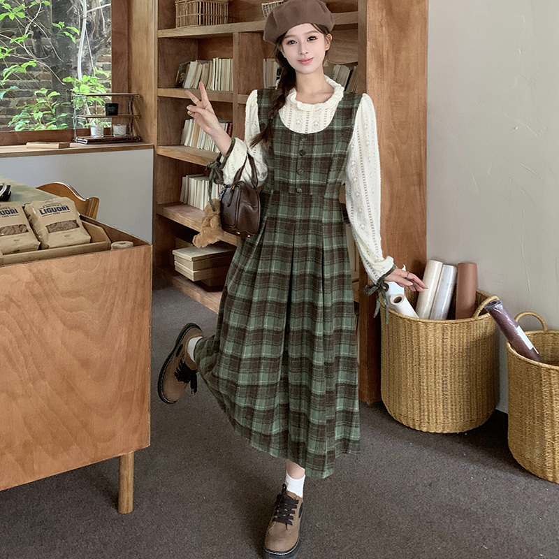 Retro plaid dress Pseudo-two autumn long dress for women