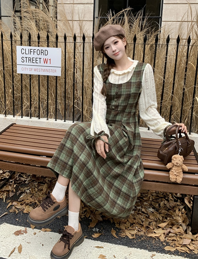 Retro plaid dress Pseudo-two autumn long dress for women