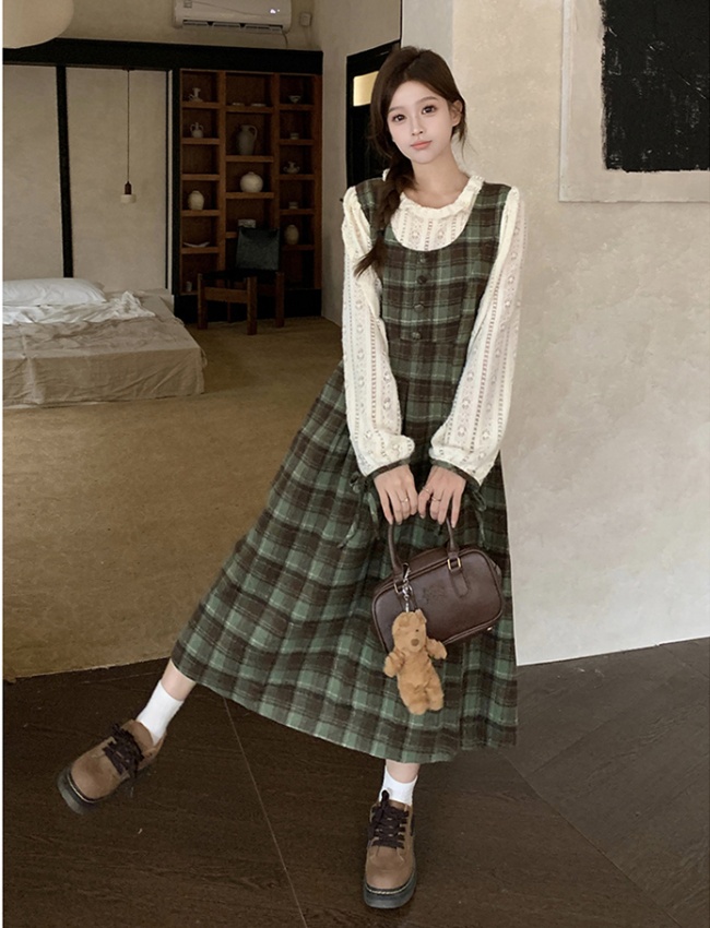 Retro plaid dress Pseudo-two autumn long dress for women