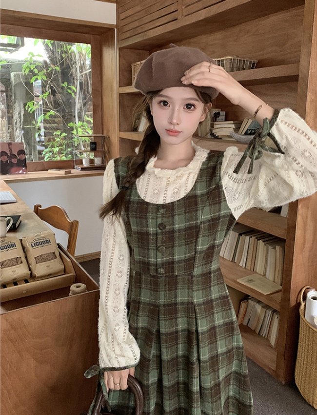 Retro plaid dress Pseudo-two autumn long dress for women