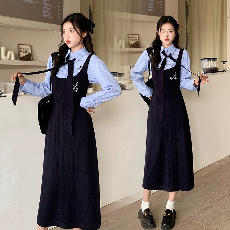 Autumn strap long dress temperament Korean style dress a set