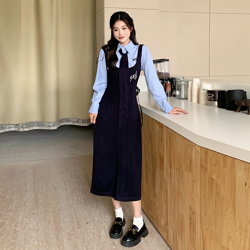 Autumn strap long dress temperament Korean style dress a set