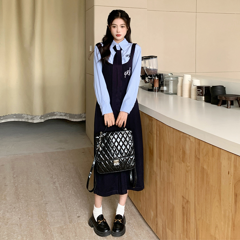 Autumn strap long dress temperament Korean style dress a set