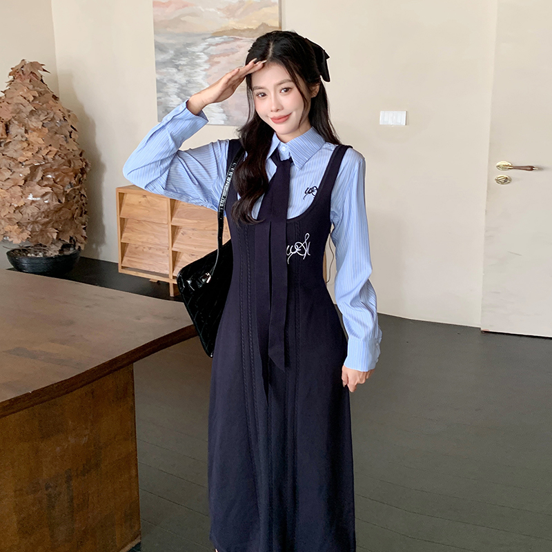 Autumn strap long dress temperament Korean style dress a set