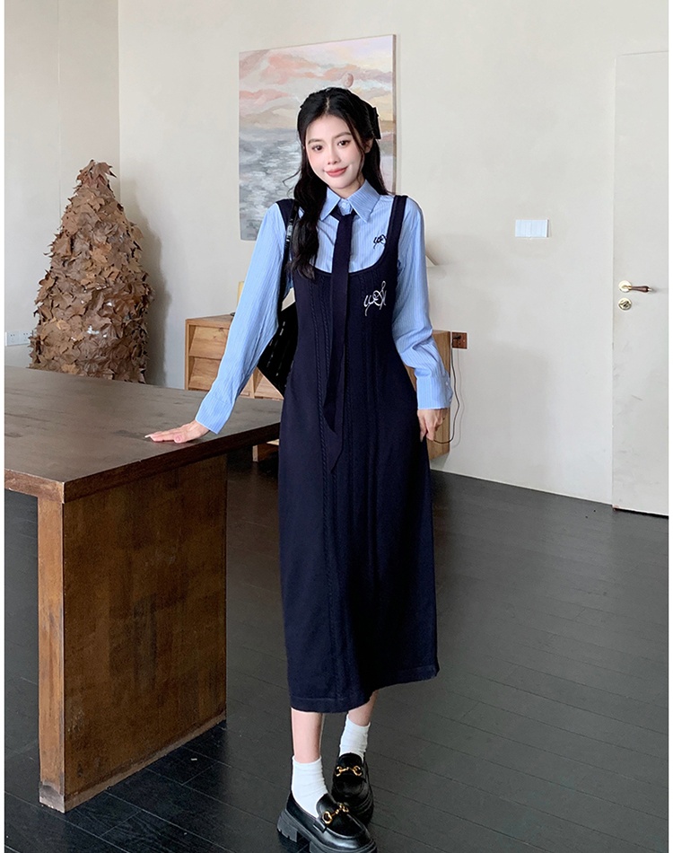 Autumn strap long dress temperament Korean style dress a set