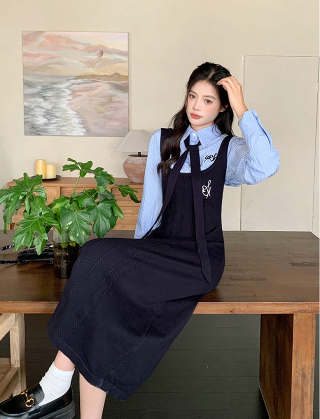 Autumn strap long dress temperament Korean style dress a set