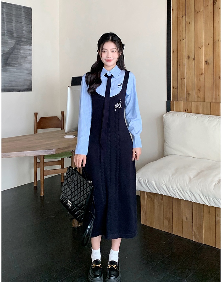 Autumn strap long dress temperament Korean style dress a set