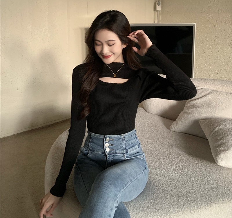 Long sleeve niche half high collar knitted tops