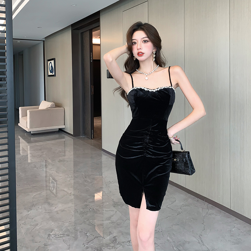 Package hip velvet sexy strap dress tight chain dress