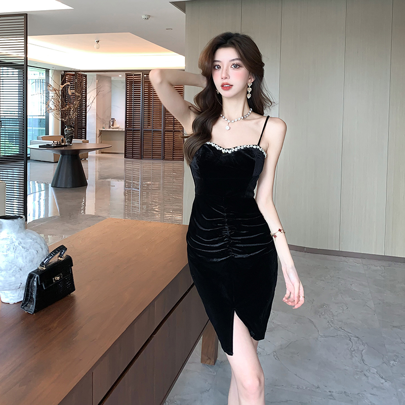 Package hip velvet sexy strap dress tight chain dress