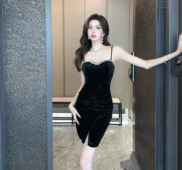 Package hip velvet sexy strap dress tight chain dress