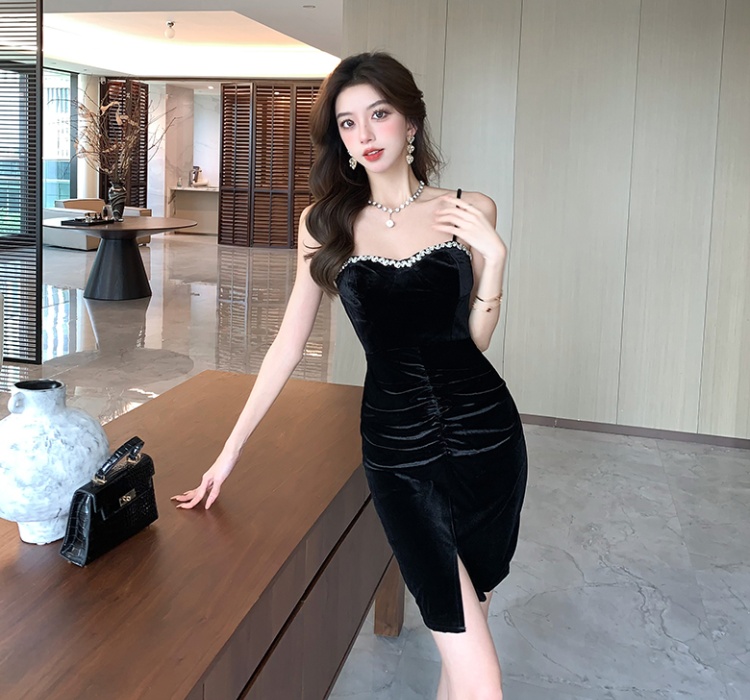 Package hip velvet sexy strap dress tight chain dress