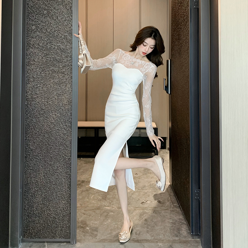 Banquet long temperament dress halter splice formal dress