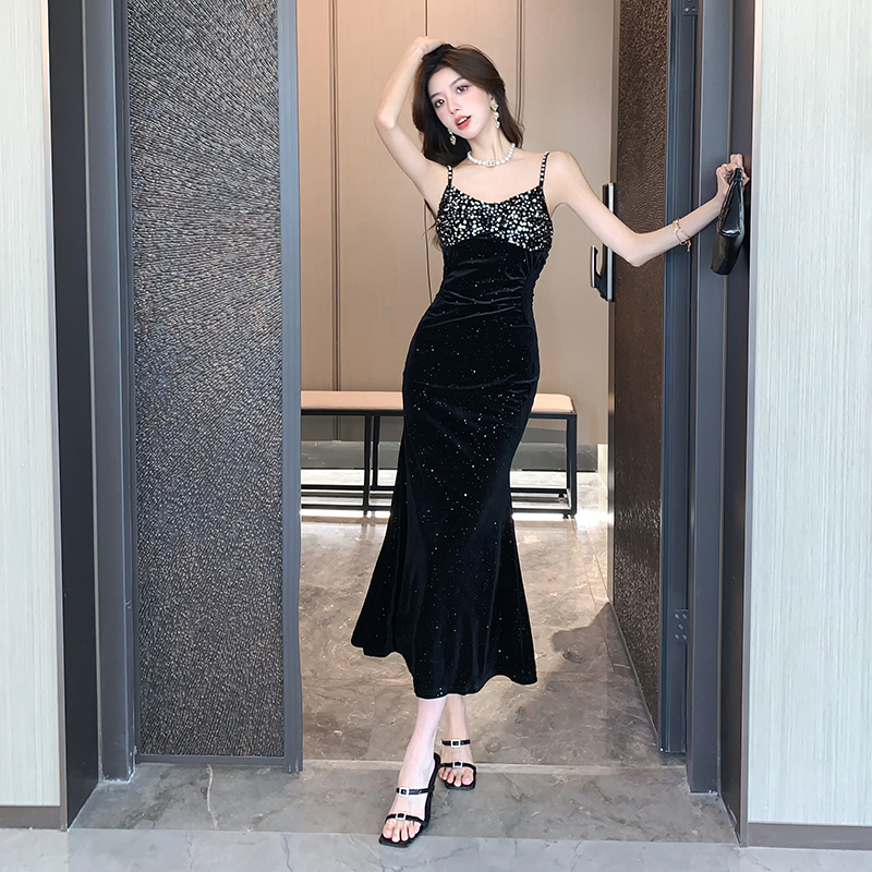 Pinched waist mermaid sling formal dress ladies long dress