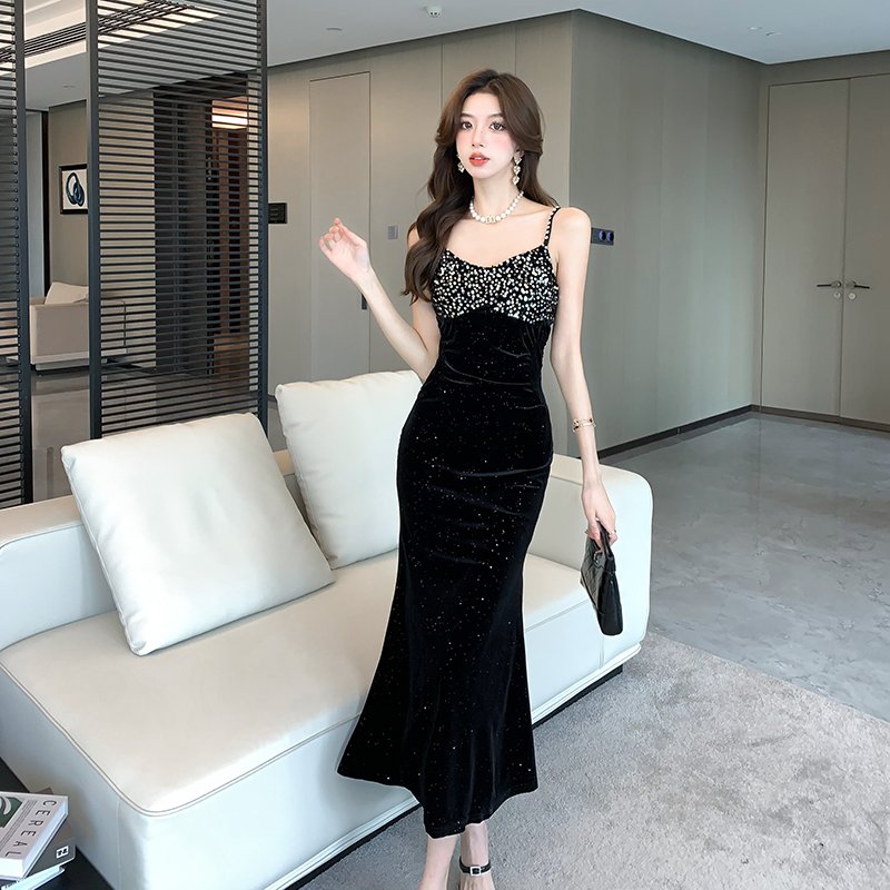 Pinched waist mermaid sling formal dress ladies long dress