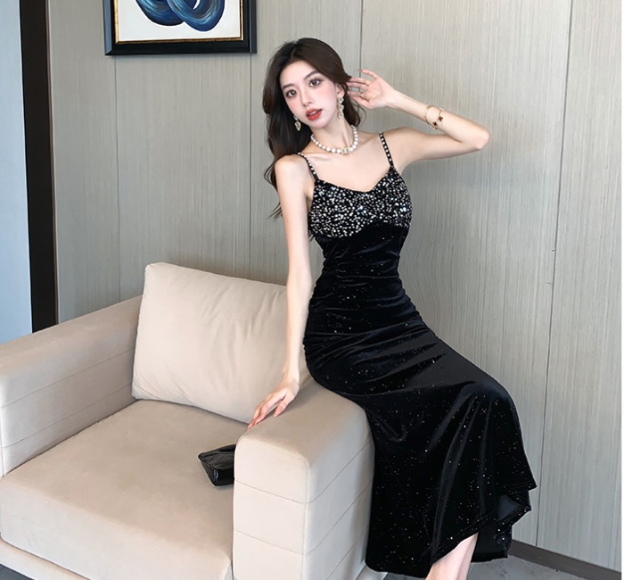 Pinched waist mermaid sling formal dress ladies long dress