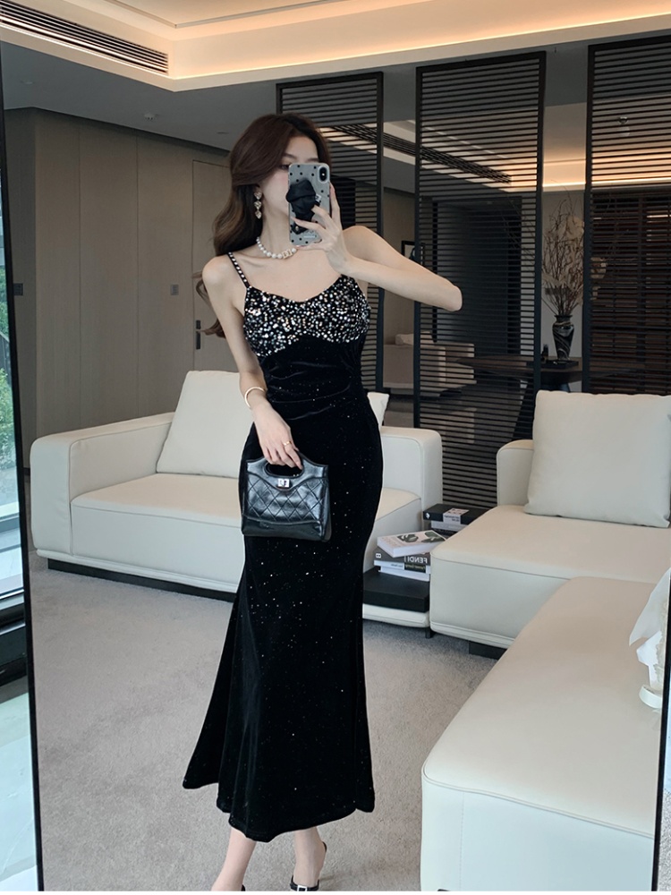 Pinched waist mermaid sling formal dress ladies long dress