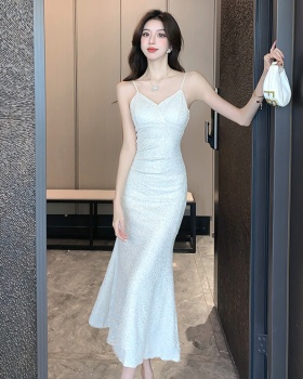 Banquet sequins long dress V-neck sexy strap dress