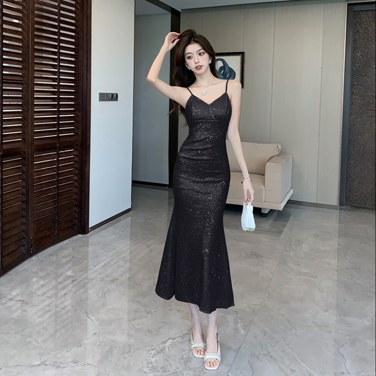 Banquet sequins long dress V-neck sexy strap dress