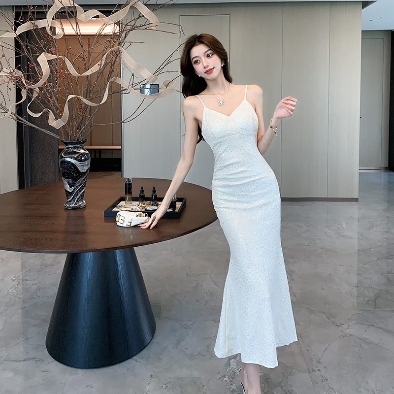 Banquet sequins long dress V-neck sexy strap dress