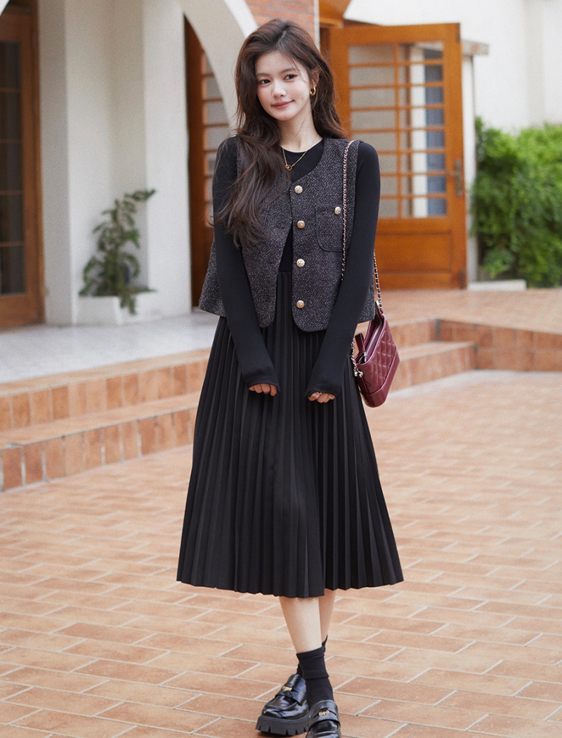 France style waistcoat pleated dress 2pcs set for women