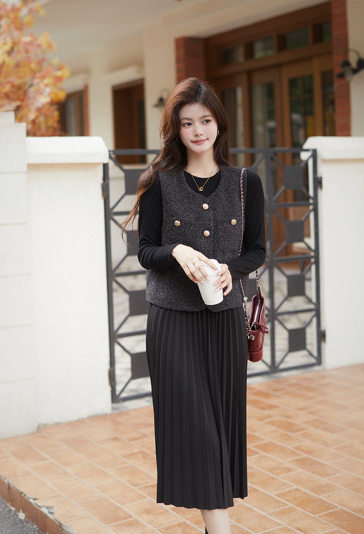 France style waistcoat pleated dress 2pcs set for women