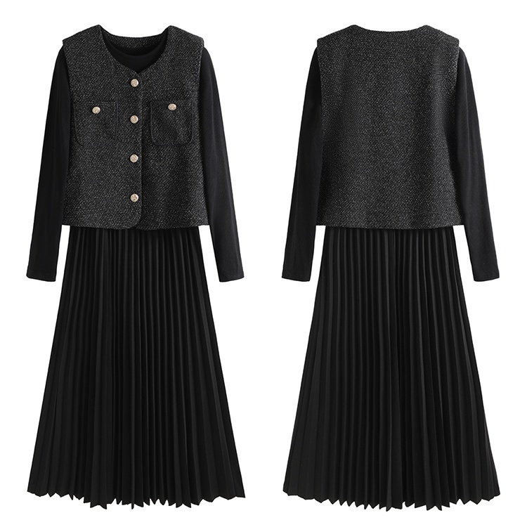 France style waistcoat pleated dress 2pcs set for women